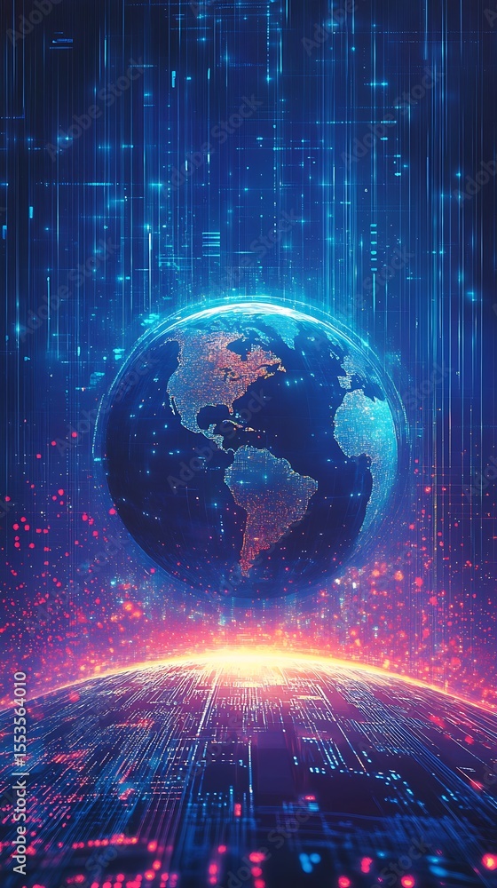 Aufkleber Digital World Globe With Technology Binary Data And Glowing Light Details Pattern