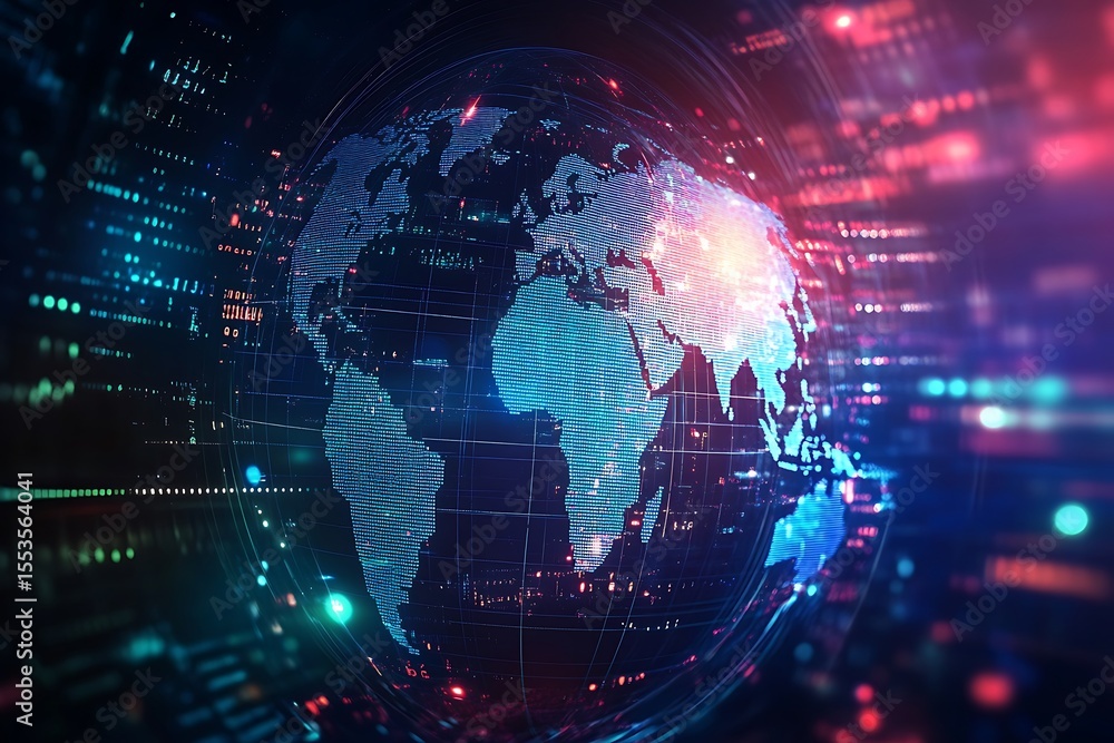 Poster Digital World Globe with Glowing Data Stream and Futuristic Network Display
