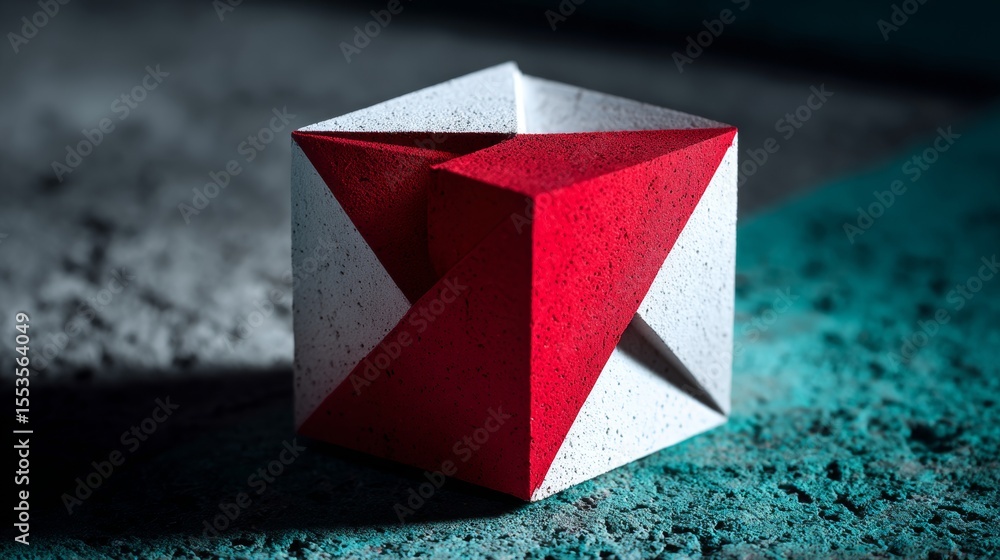 Poster abstract red and white geometric cube with shadow on dark surface for futuristic conceptual design b