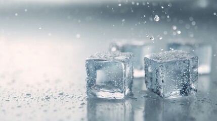 Obraz premium A shot of a clear ice cube melting, showing intricate crystal patterns inside the ice. Tiny water droplets glisten, The ice texture and water droplets