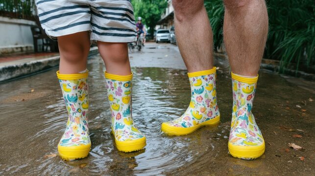 Close-up of childhood joy father assists son in colorful rain boots at backyard puddle - Powered by Adobe