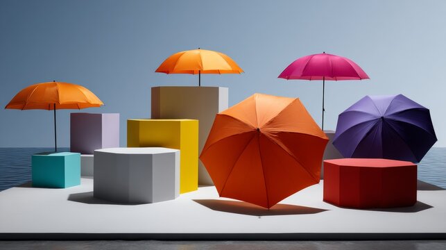 Colorful umbrellas floating above modern blocks in abstract surreal background for travel vacation summer inspiration
