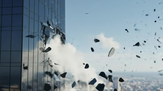 Powerful explosion shattering skyscraper window with debris against cityscape
