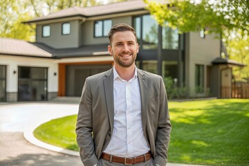 Smiling man standing outside modern house on sunny day with lush green lawn and surrounding trees