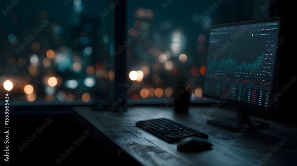 Poster nighttime finance trading setup with illuminated data dashboards