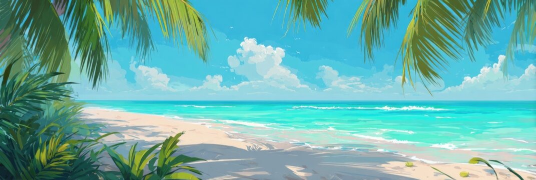 Tropical beach scene with lush vegetation