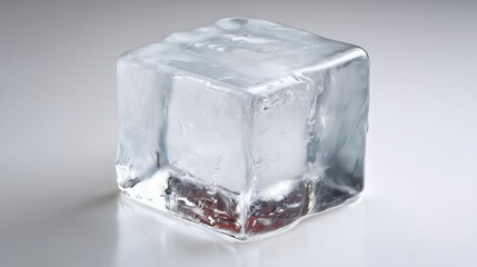 Fototapeta premium A shot of a clear ice cube melting, showing intricate crystal patterns inside the ice. Tiny water droplets glisten, The ice texture and water droplets