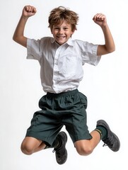 Joyful Schoolboy Jumping with Excitement Against White Background