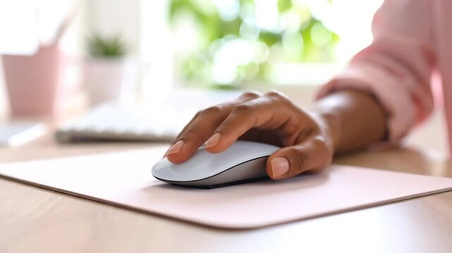 Closeup Hand Using Light Gray Mouse On Pink Mousepad