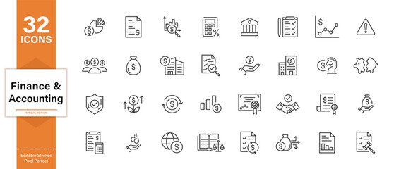 Finance & Accounting Line Icons – Money, Budget, Tax, Report Symbols