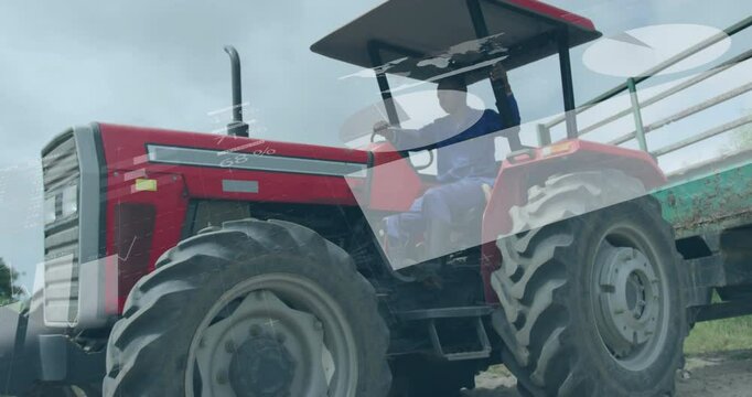 Driver starting red farming tractor towing green trailer, while data overlays tracking performance