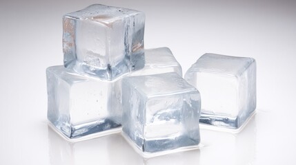 A shot of a clear ice cube melting, showing intricate crystal patterns inside the ice. Tiny water droplets glisten, The ice texture and water droplets
