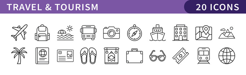 Travel and Tourism Icons for Vacation and Exploration, A collection of 20 icons representing travel, tourism, and adventure, ideal for vacation planning, travel websites, or tourism services.
