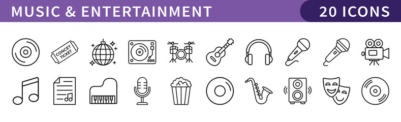 Music and Entertainment Icons for Media and Fun, A collection of 20 icons representing music, entertainment, and media, perfect for projects related to music, films, and leisure activities.
