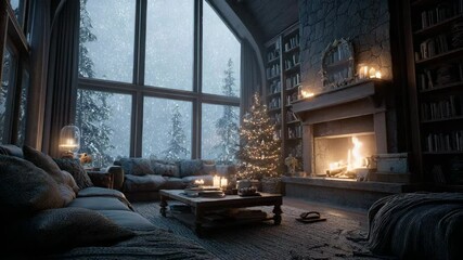 A cozy rustic living room with a lit fireplace and an illuminated Christmas tree, with large windows showing a blizzard in the forest. Magical and cozy winter atmosphere.
- Powered by Adobe