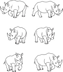 Rhino Illustration: Six Line Art Drawings of a Rhinoceros in Different Poses