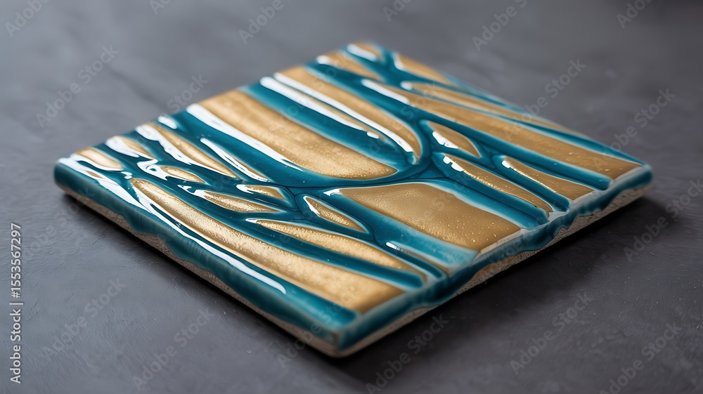 Poster close up of a square ceramic tile with teal and gold abstract design on a grey surface image