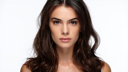 Primer plano del rostro de una mujer joven con una belleza intensa y natural, mirando fijamente a la cámara con confianza y serenidad. Pelo largo y ondulado sobre fondo blanco.