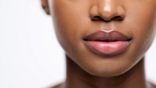 Rostro recortado de un modelo de piel oscura mostrando labios perfectos con brillo. Ideal para publicidad de cosm&eacute;ticos, pintalabios o tratamientos de aumento de labios sobre fondo aislado.