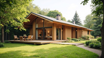 Obraz premium A modern wooden house with large windows, set in a lush green yard, surrounded by trees.