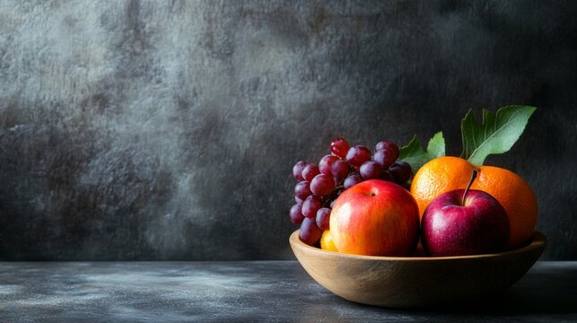 Fruit bowl with grapes and oranges on gray table for healthy food lifestyle concept minimalist photography background