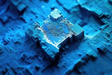 A futuristic, eroded circuit board, a digital landscape of blue hues, showcasing intricate technological details.