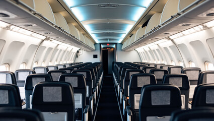 The image shows the interior of an airplane cabin. It features rows of seats, overhead compartments, and a central aisle leading to the rear of the plane. 