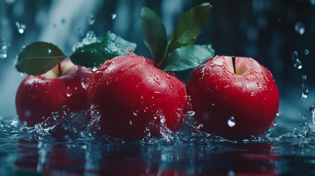 Fresh red apples with water splash for healthy food and fruit photography vitality organic nutrition concept scene