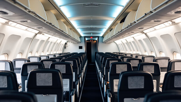 The image shows the interior of an airplane cabin. It features rows of seats, overhead compartments, and a central aisle leading to the rear of the plane. 