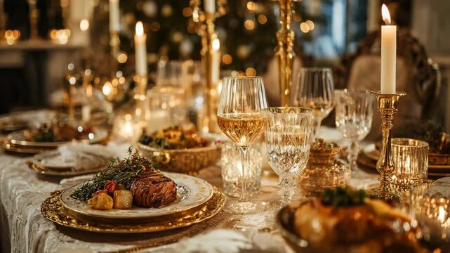 An elegant and luxurious Christmas dinner table, beautifully set with gourmet food, fine china, crystal glasses, and glowing candles for a holiday feast.

