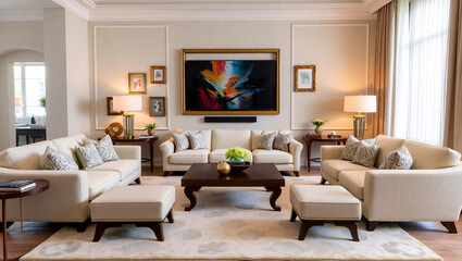 A classic style living room with beige sofas, patterned cushions, a wooden coffee table, and framed artwork on the walls.
