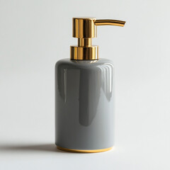 Gray ceramic soap dispenser with gold pump and base on white background liquid soap