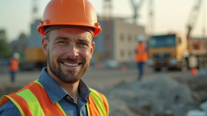 Builder with orange helmet on construction site. Close up. 