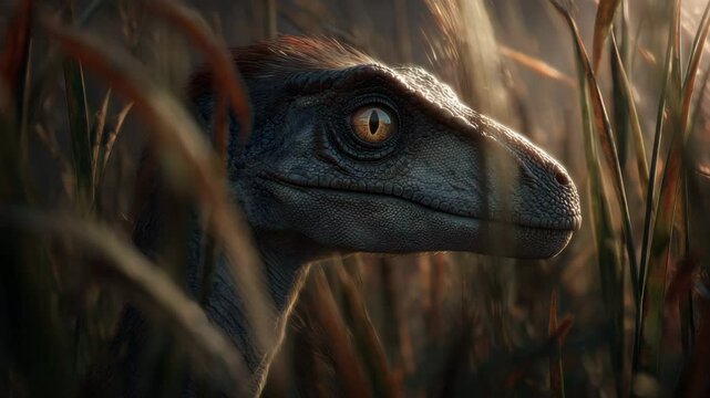 An intense close-up portrait of a feathered raptor dinosaur hiding in tall grass. Realistic prehistoric predator with a detailed, intelligent eye.

