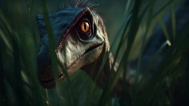 An intense close-up portrait of a feathered raptor dinosaur hiding in tall grass. Realistic prehistoric predator with a detailed, intelligent eye.

