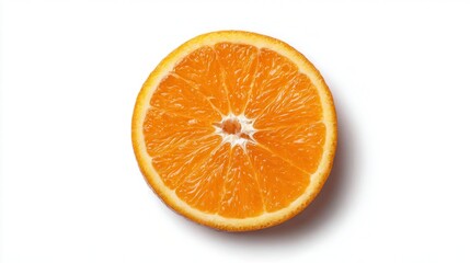 Fototapeta premium A fresh, vibrant orange slice showcases its juicy interior against a clean white backdrop, perfect for food blogs, health articles, or fruit-related promotions