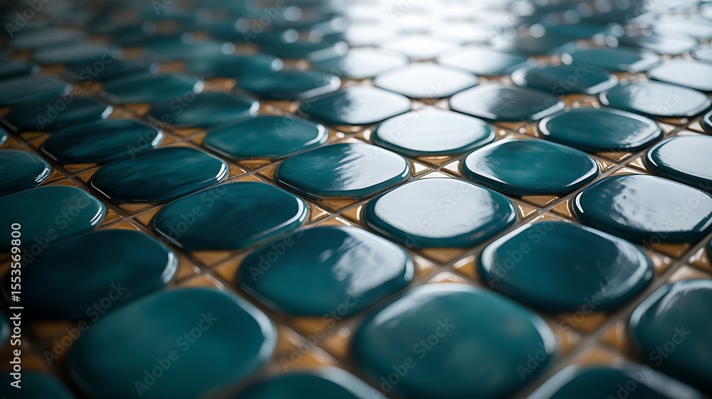 Poster teal and gold tile design macro shot showing glossy oval tiles arranged in a repeating pattern