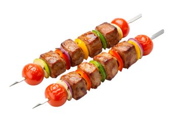 A delicious skewered shashlik showcasing grilled meat cubes and colorful vegetables for gourmet dining experiences isolated on white or transparent background. PNG