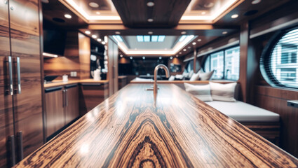 The image shows the interior of a luxury yacht or motorhome. It features a sleek, modern design with rich wooden cabinetry, a polished wooden countertop, and integrated seating.