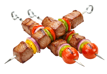 A delicious skewered shashlik showcasing grilled meat cubes and colorful vegetables for gourmet dining experiences isolated on white or transparent background. PNG