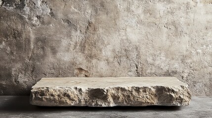 Rough-hewn stone platform against a textured, aged wall.