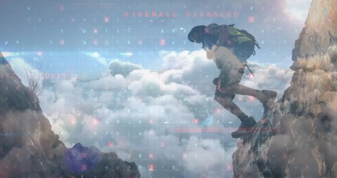 Hiker crouching after virus warning and launching across chasm amid floating cybersecurity alerts
