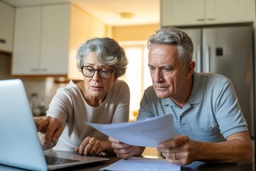 Senior couple reviews financial documents at home using a laptop