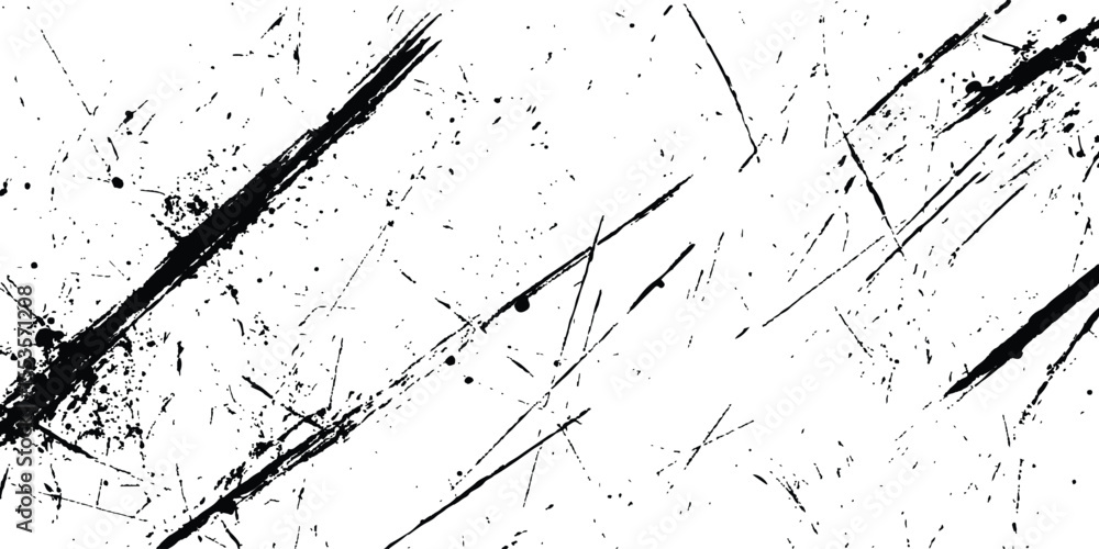 Poster A black and white background with black lines and splatters isolated on white background.
Abstract black scratch marks line on a white background. Intricate designs of lines and dots in various sizes,