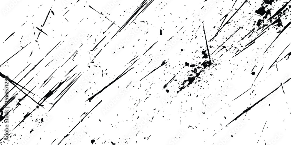 Poster A black and white background with black lines and splatters isolated on white background.
Abstract black scratch marks line on a white background. Intricate designs of lines and dots in various sizes,