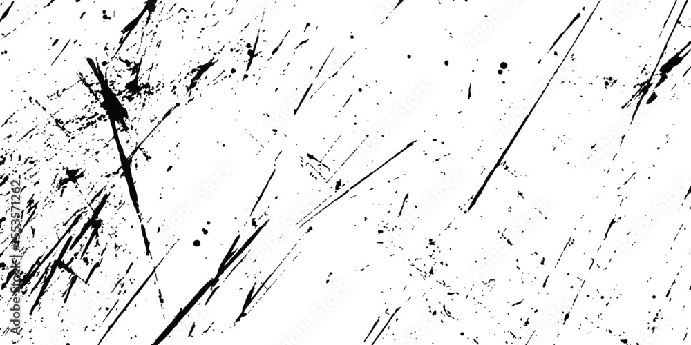 Poster A black and white background with black lines and splatters isolated on white background.
Abstract black scratch marks line on a white background. Intricate designs of lines and dots in various sizes,