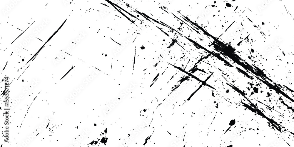 Poster A black and white background with black lines and splatters isolated on white background.
Abstract black scratch marks line on a white background. Intricate designs of lines and dots in various sizes,