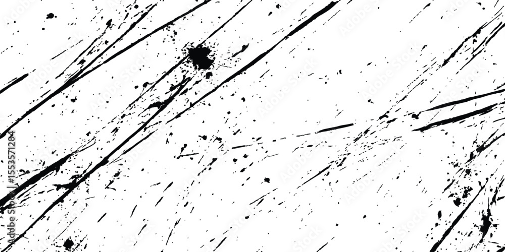 Poster A black and white background with black lines and splatters isolated on white background.
Abstract black scratch marks line on a white background. Intricate designs of lines and dots in various sizes,
