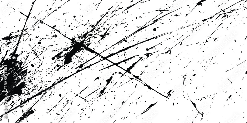 Poster A black and white background with black lines and splatters isolated on white background.
Abstract black scratch marks line on a white background. Intricate designs of lines and dots in various sizes,