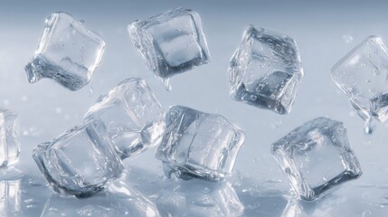 Obraz premium A shot of a clear ice cube melting, showing intricate crystal patterns inside the ice. Tiny water droplets glisten, The ice texture and water droplets.